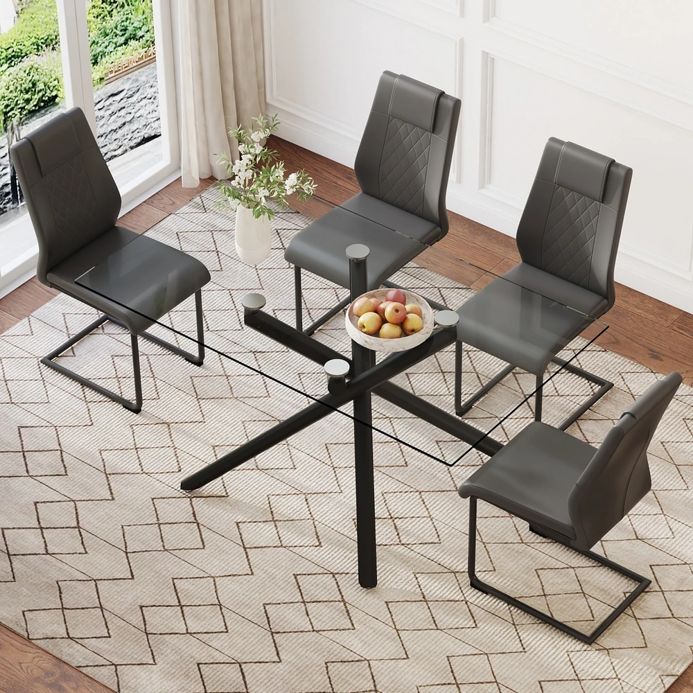 Streamdale Furniture Table and chair set.Modern Rectangular Glass Dining Table with 0.39" tempered Glass Tabletop and Black Metal Legs.Paired with mul