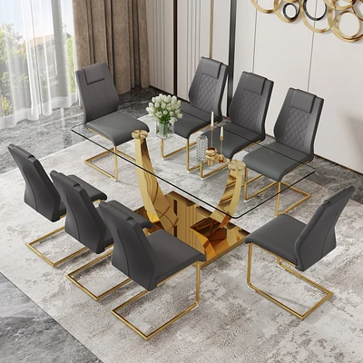 Streamdale Furniture Table and chair set.Modern rectangular dining table with Transparent tempered glass tabletop and gold plated metal legs.Paired wi