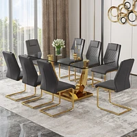 Streamdale Furniture Table and chair set.Modern rectangular dining table with Transparent tempered glass tabletop and gold plated metal legs.Paired wi