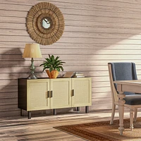 Sideboard Buffet Cabinet, Kitchen Cabinet, Coffee Bar Cabinet with 3 Rattan Doors and Adjustable Shelves, Black and Natural