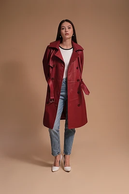 Women's Leather Trench Coat, Burgundy, Created for Macy's