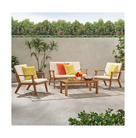 Streamdale Furniture Temecula Outdoor Acacia Wood 4-Seater Chat Set_Loveseat&Coffee Table&2 Club Chairs - Brown Patina Finish + Cream Cushion