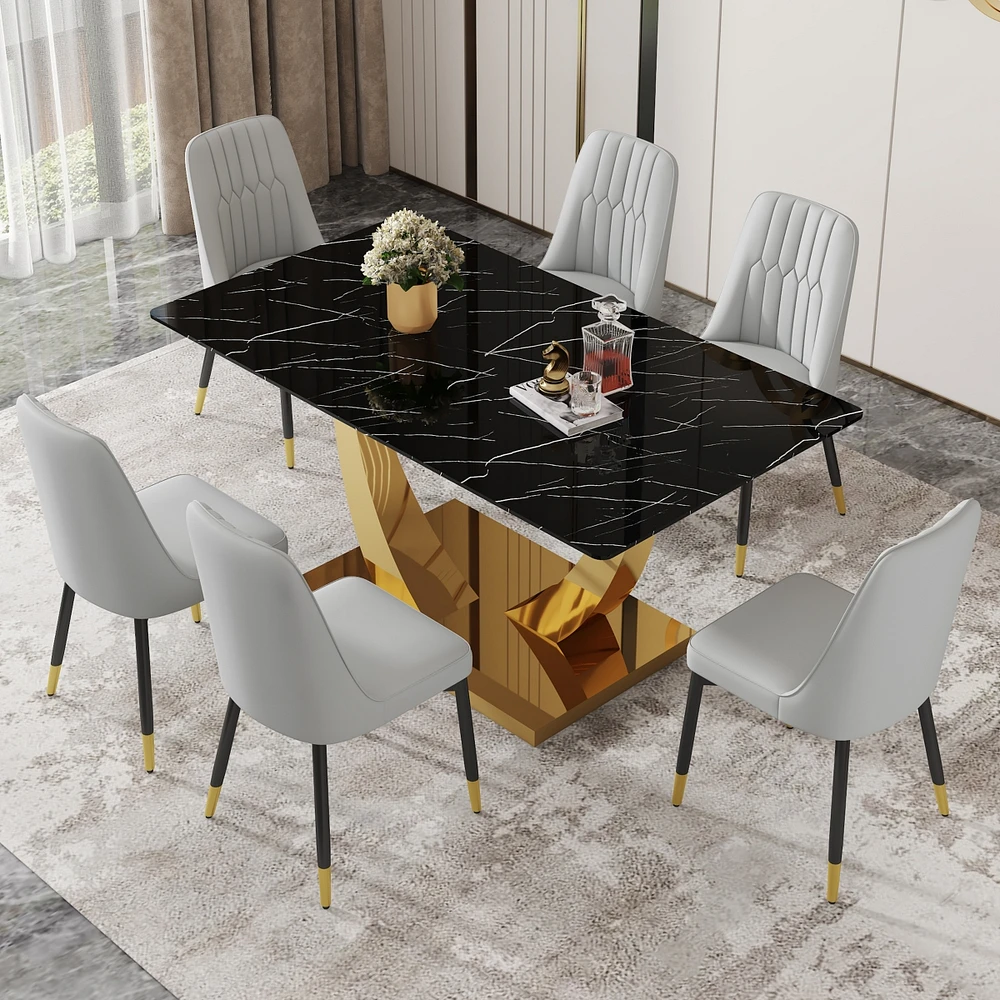 Simplie Fun Table and chair set.Modern rectangular dining table with black textured stickers glass tabletop and gold plated metal legs.Paired with 6 c