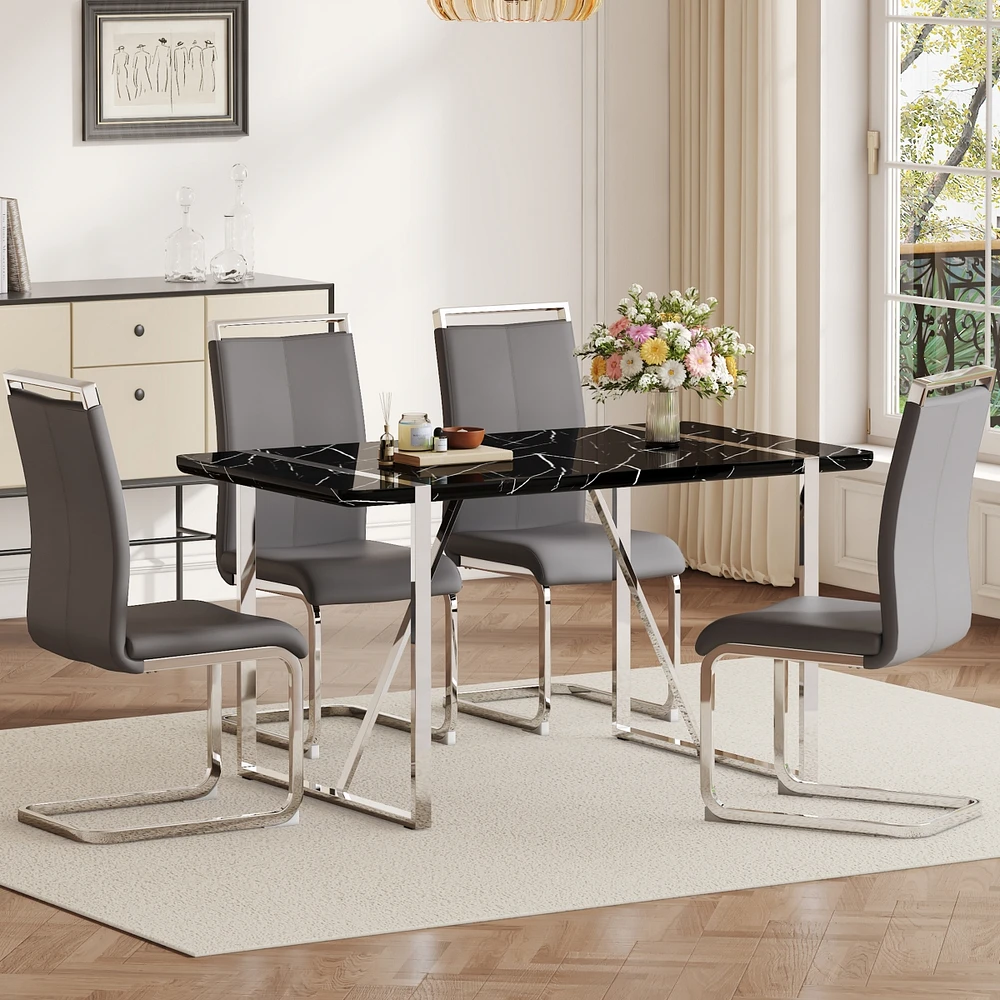 Simplie Fun Table and chair set.a rustic industrial rectangular Mdf black dining table with Mdf desktop and electroplated silver metal legs.Paired wit