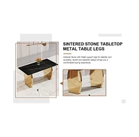 Simplie Fun Table and chair set, Modern rectangular table with 0.4 inch black patterned tabletop and gold legs, suitable for kitchen, dining room, and