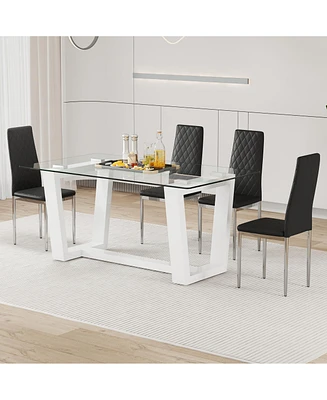 Streamdale Furniture Table and chair set.a rectangular dining table features with tempered glass top and sleek white Mdf stand.Paired with 4 Pu chairs