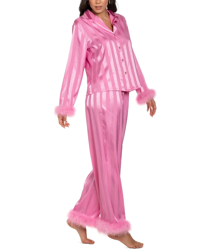 Linea Donatella Women's 2-Pc. Satin Feather-Trim Pajamas Set