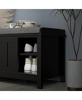 Entryway Shoe Bench Storage Ottoman with Sliding Doors, Adjustable Shelving, 6 Compartments, and Padded Seat, Holds 10 Pairs, Black
