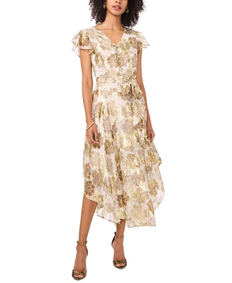 Vince Camuto Women's Metallic Print V-Neck Flutter-Sleeve Midi Dress