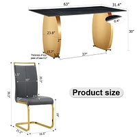 Simplie Fun Table and chair set, Modern rectangular table with 0.4 inch black patterned tabletop and gold legs, suitable for kitchen, dining room, and