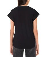 Vince Camuto Women's Mixed-Media Split-Neck Short-Sleeve Top