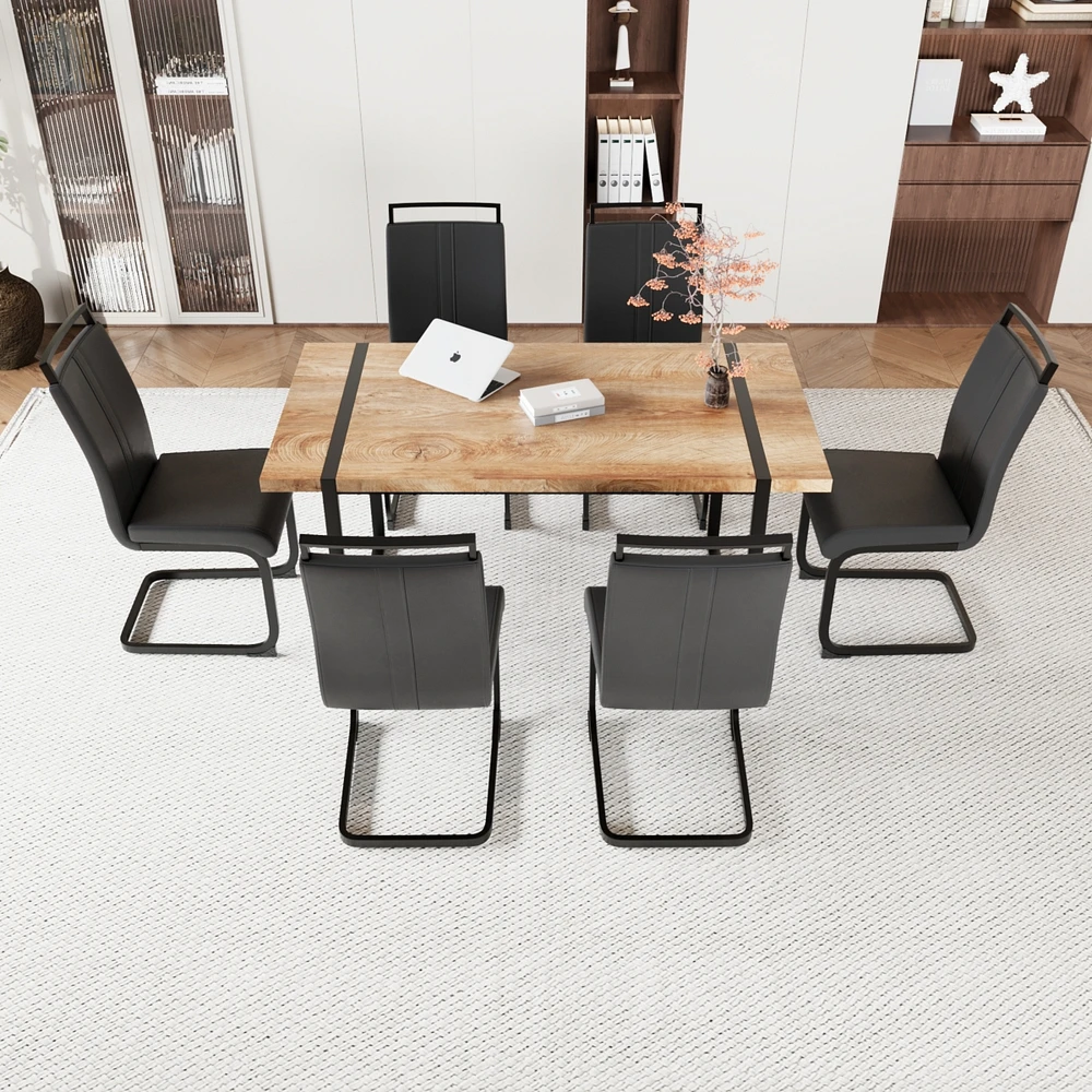 Streamdale Furniture 59" Rural Industrial Rectangular Mdf Wood Color Dining Table Set and Pu Armless Dining Chair Set 6. Kitchen Black Metal Table Leg