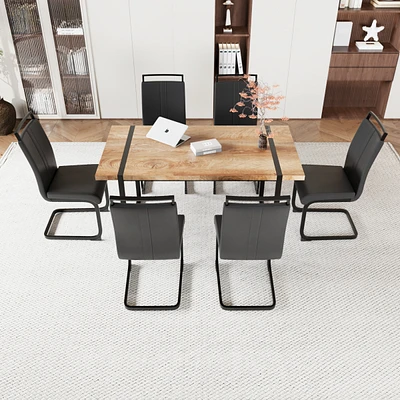 Simplie Fun 59" Rural Industrial Rectangular Mdf Wood Color Dining Table Set and Pu Armless Dining Chair Set 6. Kitchen Black Metal Table Leg Dining C