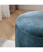 2-Piece Set Round Chenille Storage Ottoman, Equipped with a Drum Shaped Small Stool, Storage Space