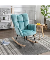 Simplie Fun Mid Century Modern Velvet Tufted Upholstered Rocking Chair Padded Seat for Living Room Bedroom, Cyan Blue