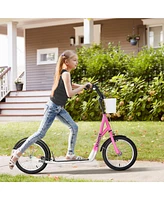 Streamdale Furniture Youth Scooter, Kick Scooter with Adjustable Handlebars, Double Brakes, 16" Inflatable Rubber Tires, Basket, Cupholder, Pink