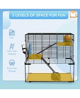 Hamster Cage, 23.5" Gerbil Cage with Glass Basin, Ramps, Platforms, Hut, Exercise Wheel, for Small Hamsters, Black
