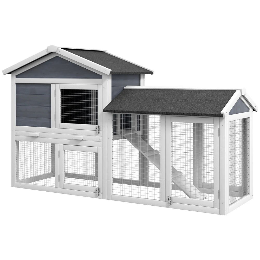 58" Rabbit Hutch, Wooden Bunny Hutch, Guinea Pig Cage, Small Animal Enclosure with Run Area, Removable Tray, Asphalt Roof, Lockable Doors and Ram