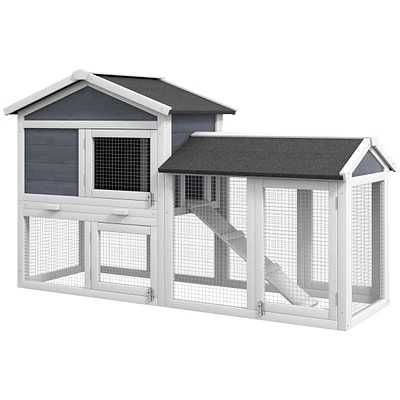 58" Rabbit Hutch, Wooden Bunny Hutch, Guinea Pig Cage, Small Animal Enclosure with Run Area, Removable Tray, Asphalt Roof, Lockable Doors and Ram