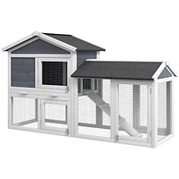 58" Rabbit Hutch, Wooden Bunny Hutch, Guinea Pig Cage, Small Animal Enclosure with Run Area, Removable Tray, Asphalt Roof, Lockable Doors and Ram