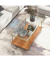 Gymax Coffee Table Rectangle Glass Top w/ Storage Shelf & Gold Steel Frame Living Room