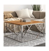 vidaXL Coffee Table Silver Stainless Steel and Solid Acacia Wood