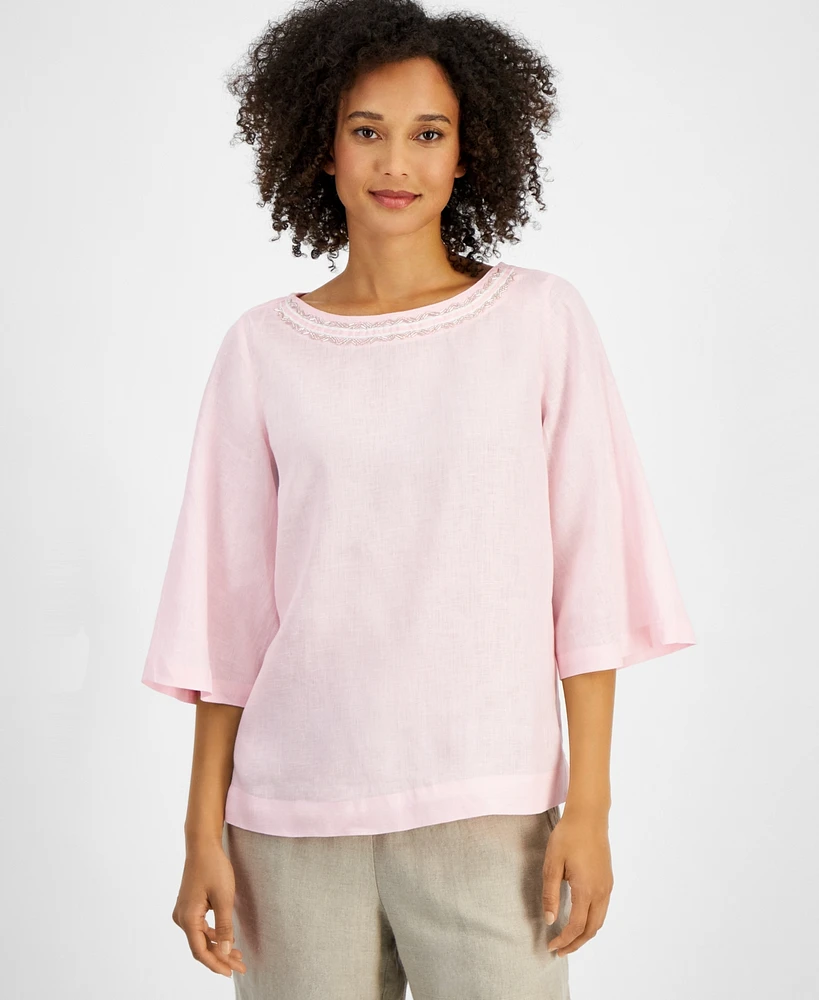 Charter Club Women's Linen Woven Flounce-Sleeve Top, Exclusively at Macy's