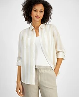 Charter Club Petite Linen Striped Roll-Tab-Sleeve Shirt, Exclusively for Macy's