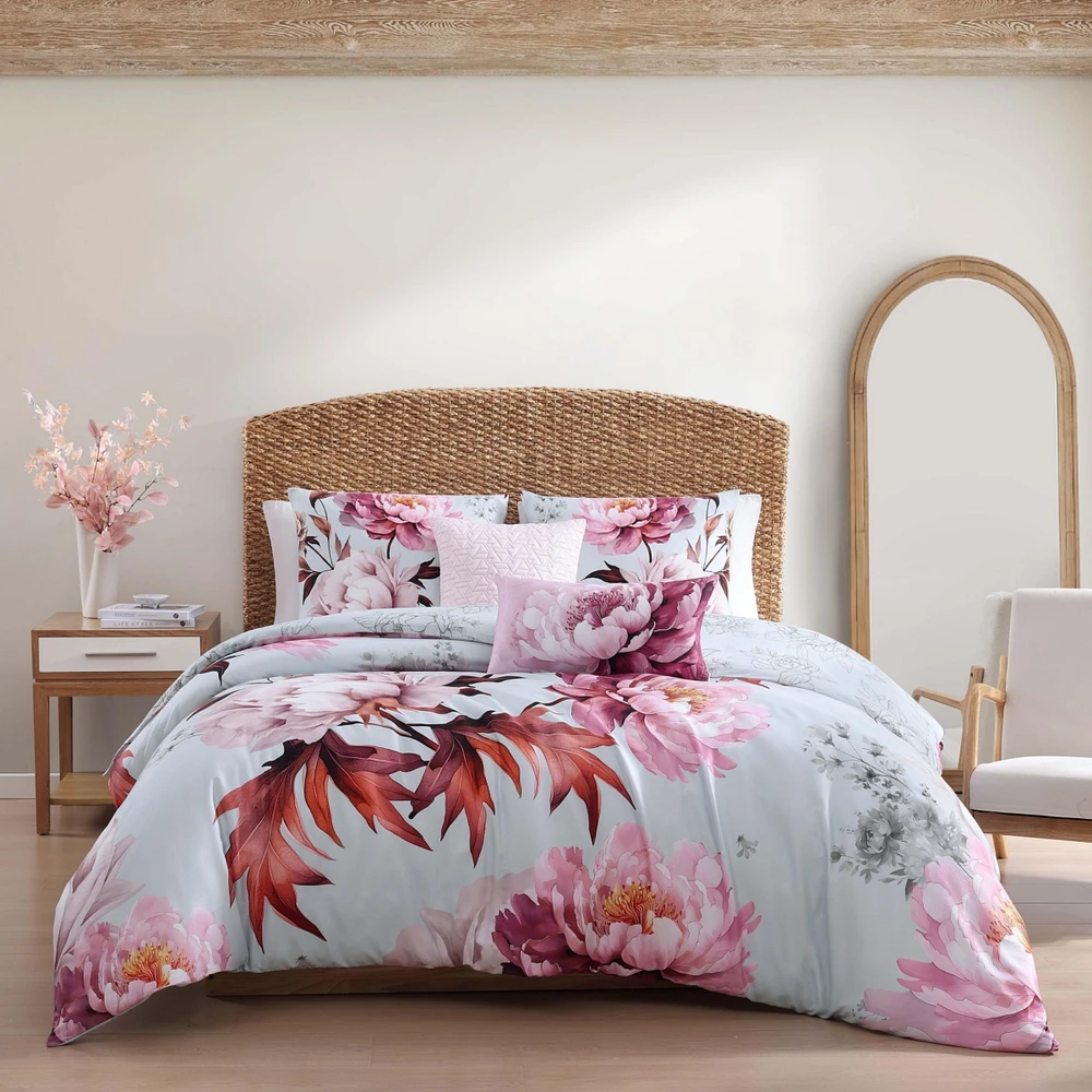 Bebejan Blooming Peonies Bedding 5 Piece King Size Reversible Comforter Set