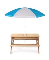 3-in-1 Kids Outdoor Wooden Picnic Table With Umbrella, Convertible Sand & Wate, Gray Astm & Cpsia Certification
