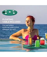 12' x 5' Lily Pad Floating Mat with Cup Holder Table, 3-Layer Portable Roll-Up Water Mat Float Dock for 2-3 People, on Lake, River, Beach, Swimming Po