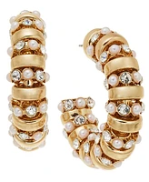 I.n.c. International Concepts Gold-Tone Medium Pave & Imitation Pearl C-Hoop Earrings, 1.9", Created for Macy's