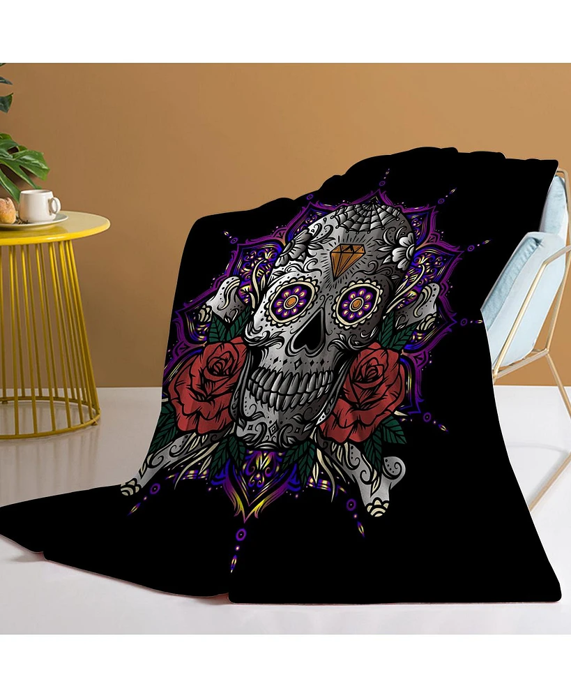 Slickblue 3D Rose Skull Flannel Throw Blanket Fluffy Mandala Design 50"x60"