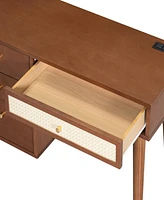 39" Retro Bohemian Style Wooden Makeup Vanity Set with Charging Plug&Usb Port and Stool, Dressing Table with 3 Storage Drawers and 1 Rectangular