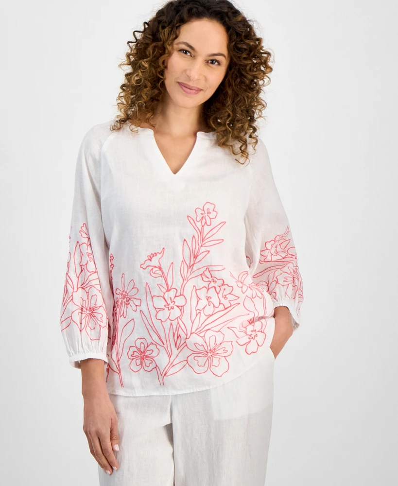 Charter Club Petite 100% Linen Embroidered 3/4-Sleeve Top, Exclusively at Macy's