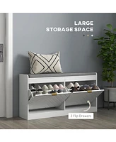 Shoe Bench, Entryway Bench with 2 Flip Drawers, Seating Cushion, and 2 Vents for 8 Pairs of Shoes for Hallway, White
