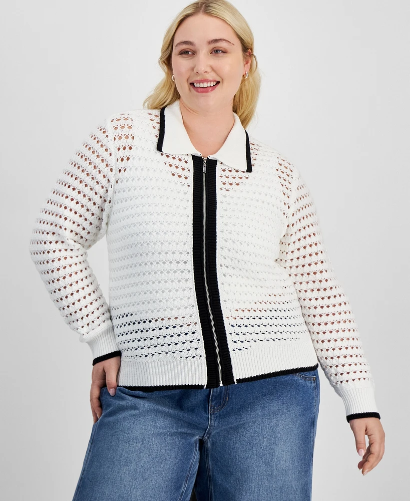 And Now This Trendy Plus Open-Stitch Zip-Front Cardigan, Exclusively at Macy's