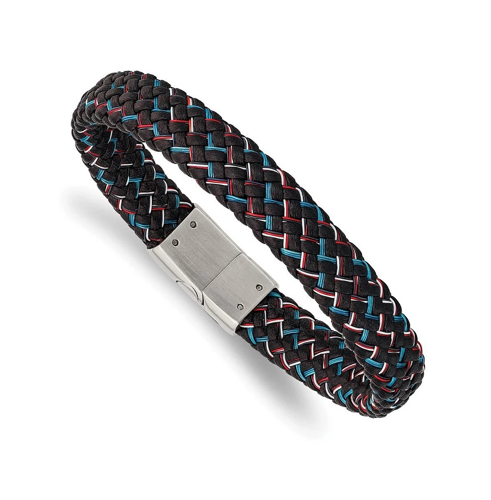 Chisel Stainless Steel Braided Multi-color Wire Black Leather Bracelet