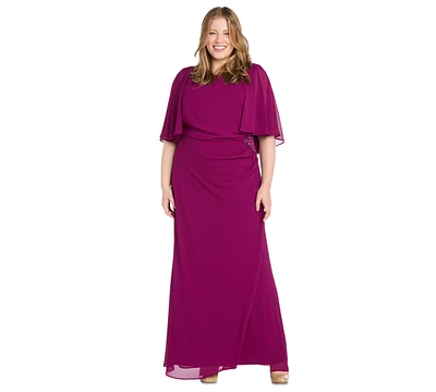 R & M Richards Plus Cape-Sleeve Embellished-Waist Gown