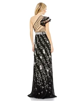 Mac Duggal Women's Embroidered Ruffled One Shoulder Lace Up Gown