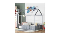 Slickblue Twin Wood House Bed Frame with Fence for Kids and Teens