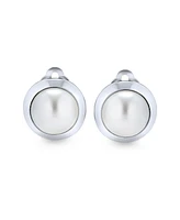 Bling Jewelry Simple Button Style Round Dome Bezel Pearl Clip-On Earrings Silver Plated Brass