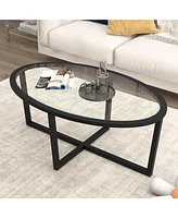 Gymax Modern Glass Coffee Table w/ Cross Base & Acacia Wood Legs for Small Spaces
