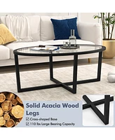 Gymax Modern Glass Coffee Table w/ Cross Base & Acacia Wood Legs for Small Spaces
