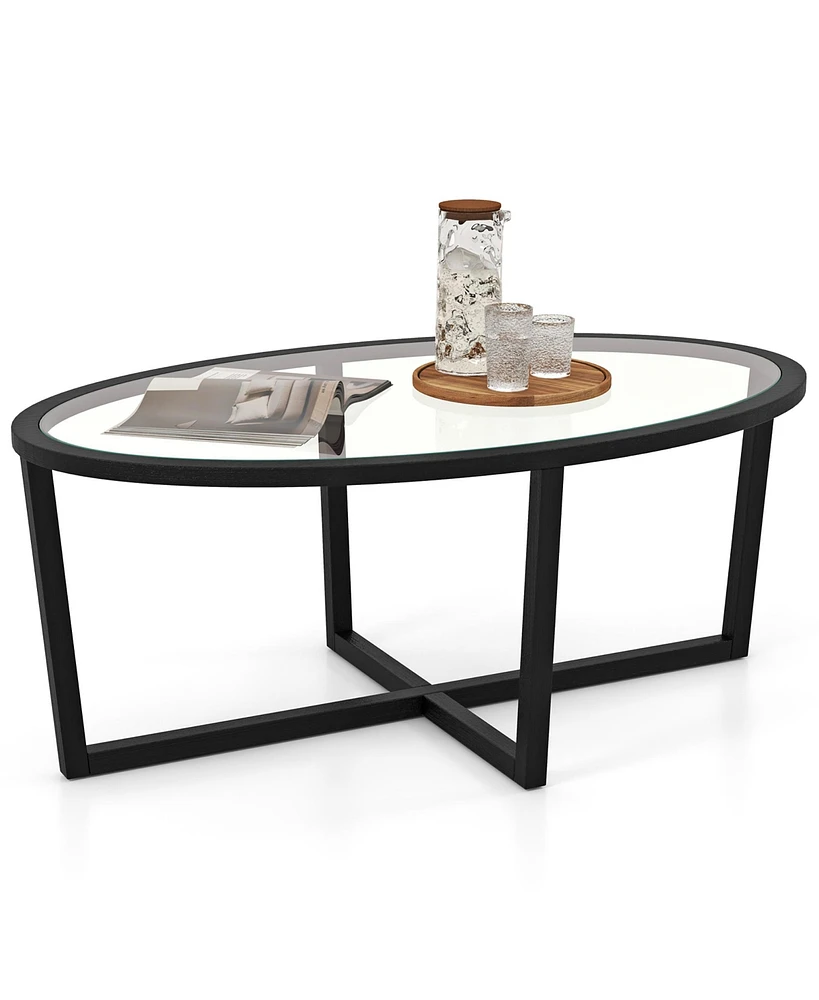 Gymax Modern Glass Coffee Table w/ Cross Base & Acacia Wood Legs for Small Spaces