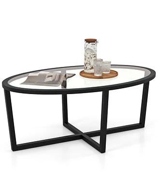 Gymax Modern Glass Coffee Table w/ Cross Base & Acacia Wood Legs for Small Spaces