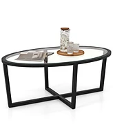 Gymax Modern Glass Coffee Table w/ Cross Base & Acacia Wood Legs for Small Spaces