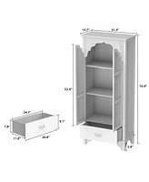 Famapy White Wooden 3-Shelf Standard Bookcase with Acrylic Door, Drawer