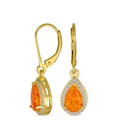 Bling Jewelry Antique Estate Style Elegant Cz Accent Halo Solitaire Fire Orange Created Opal Teardrop Earrings Pendant Jewelry Set For Women Gold Plat