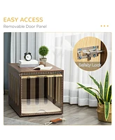 Furniture Style Dog Crate End Table with Removable Door Panel, Dog Crate Bed with Foam Cushion, Safety Lock, Indoor Use, for Small & Medium Dogs, Brow